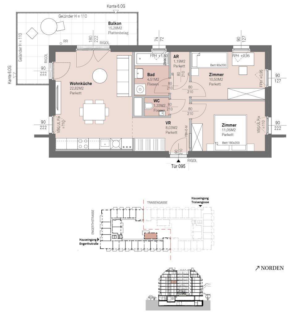 Detaillierter Grundriss einer Wohnung mit Wohnküche, zwei Zimmern, Bad und Balkon.