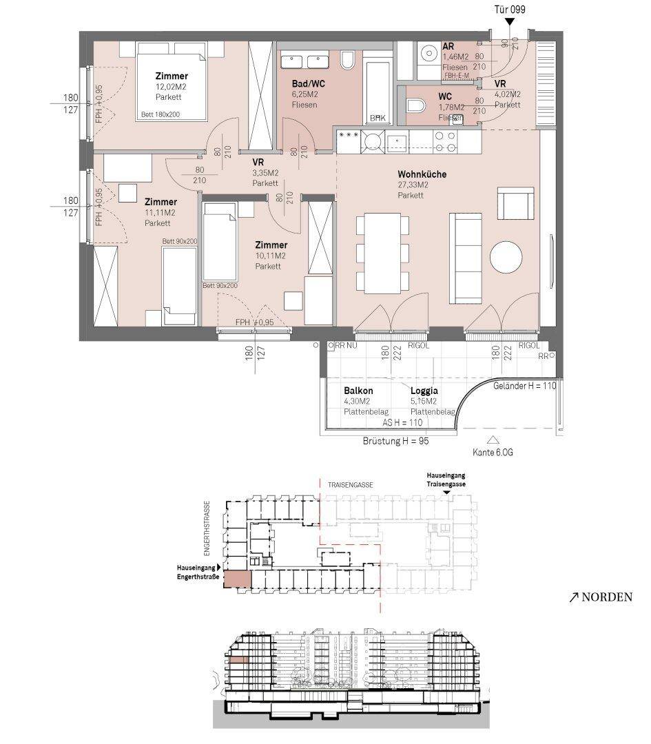 Grundriss einer Wohnung mit drei Zimmern, Balkon und Loggia.