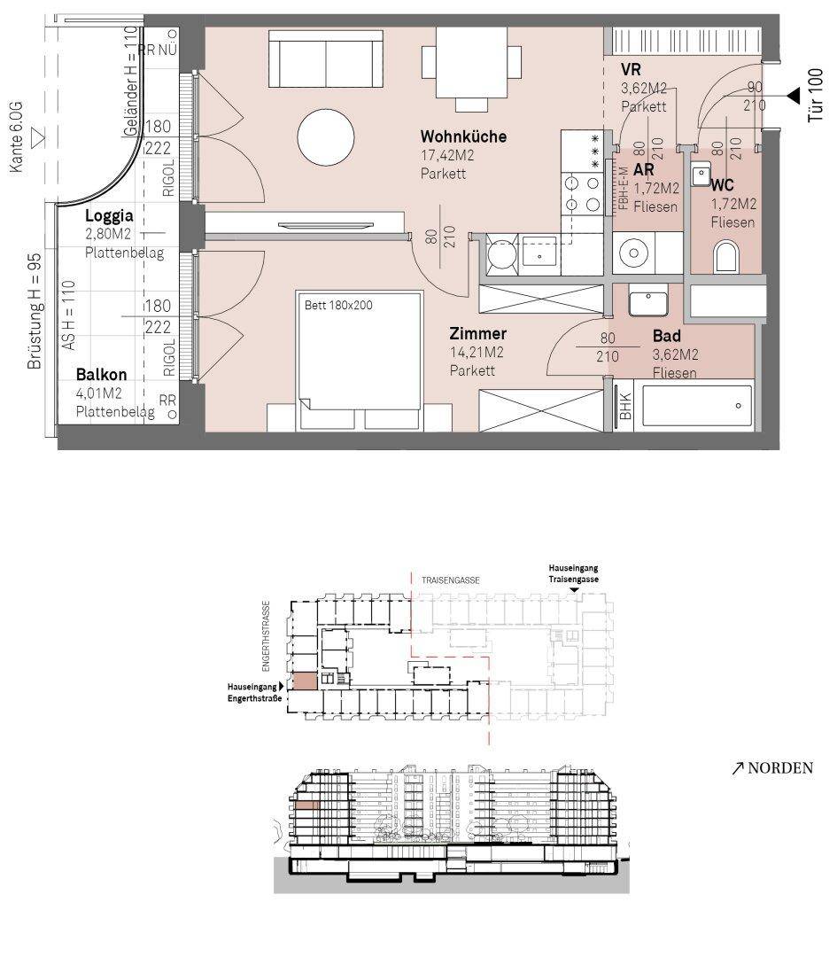 Detaillierter Grundriss einer Wohnung mit offener Wohnküche, Schlafzimmer, Bad, separatem WC, Loggia und Balkon.
