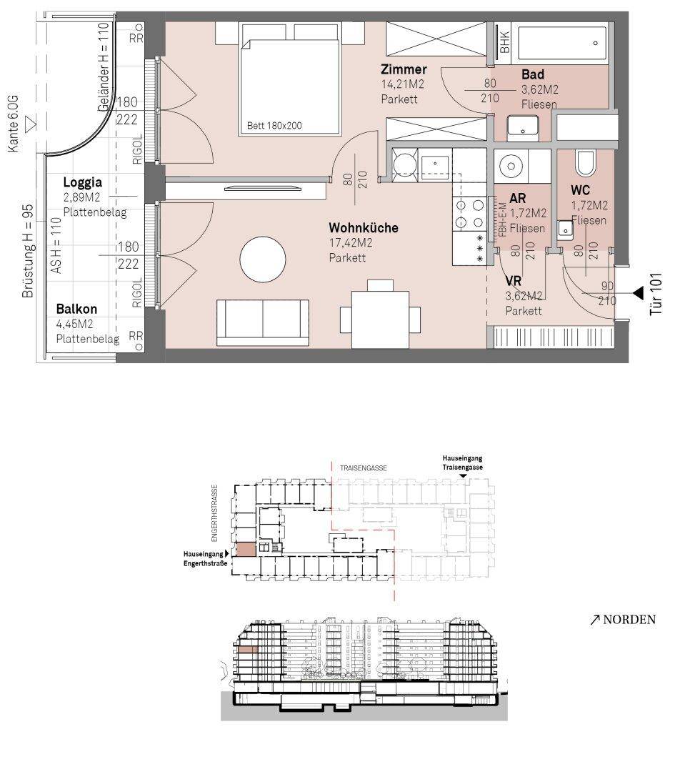 Detaillierter Grundriss einer Wohnung mit Wohnküche, Schlafzimmer, Bad, WC, Loggia und Balkon.