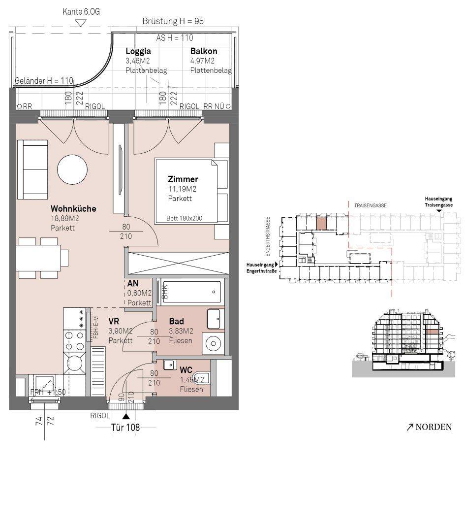 Grundriss einer Wohnung mit Wohnküche, Zimmer, Bad, WC, Loggia und Balkon.