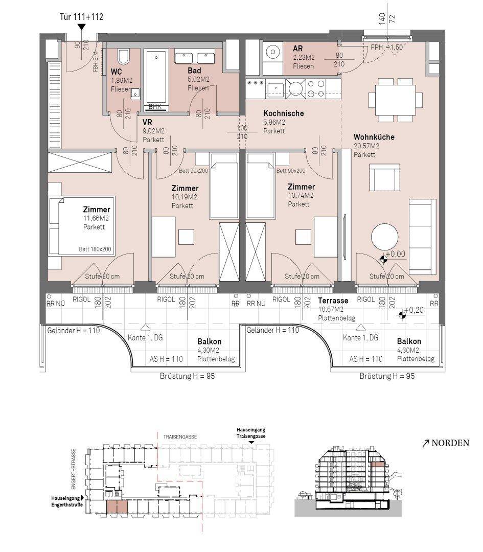 Grundriss einer Wohnung mit drei Zimmern, offener Wohnküche und zwei Balkonen.