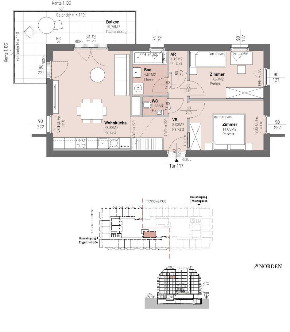 Detaillierter Grundriss einer Wohnung mit Balkon, Wohnküche und zwei Schlafzimmern.