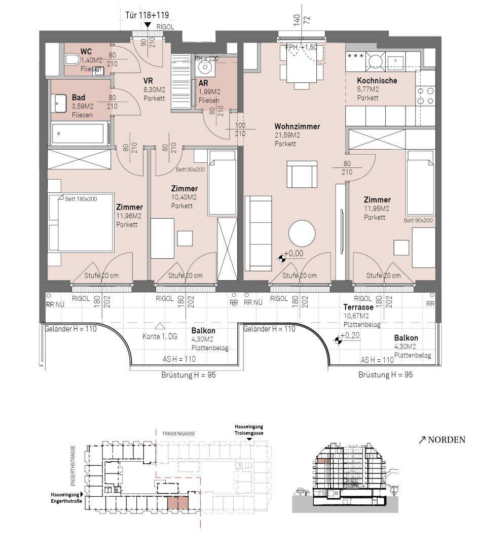 Dieser Grundriss zeigt eine Wohnung mit drei Zimmern, einem offenen Wohnbereich, Küche, Bad, separatem WC, Terrasse und zwei Balkonen.