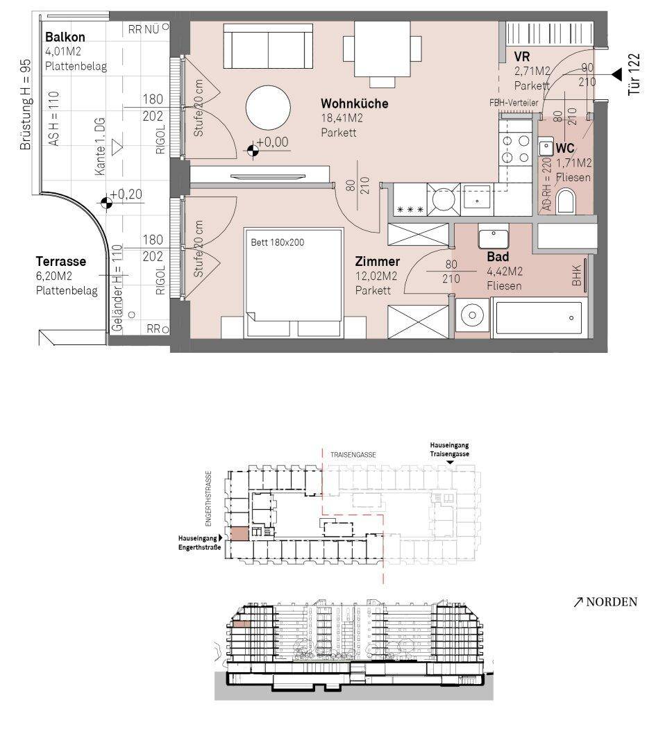 Grundriss einer Wohnung mit Balkon, Terrasse, Schlafzimmer und offenem Wohnküchenbereich.