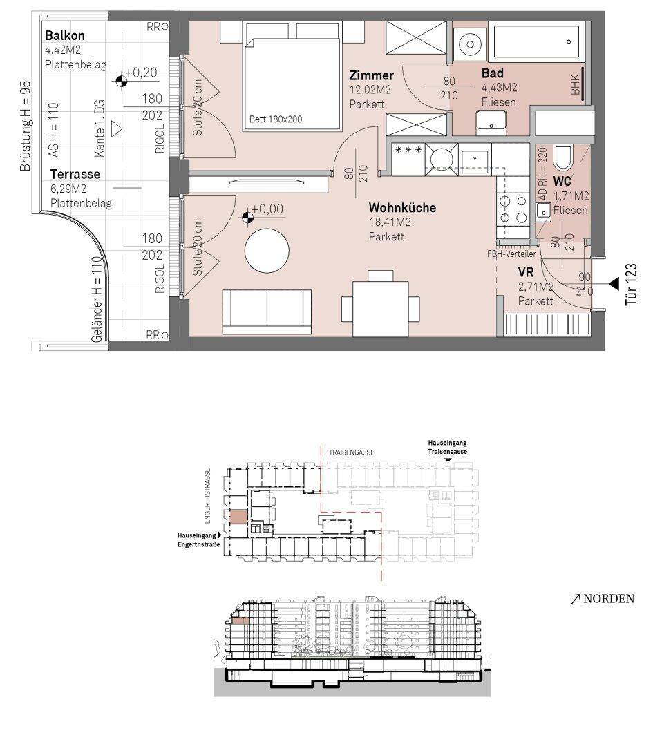 Detaillierter Grundriss einer Wohnung mit Balkon, Terrasse und offener Wohnküche.