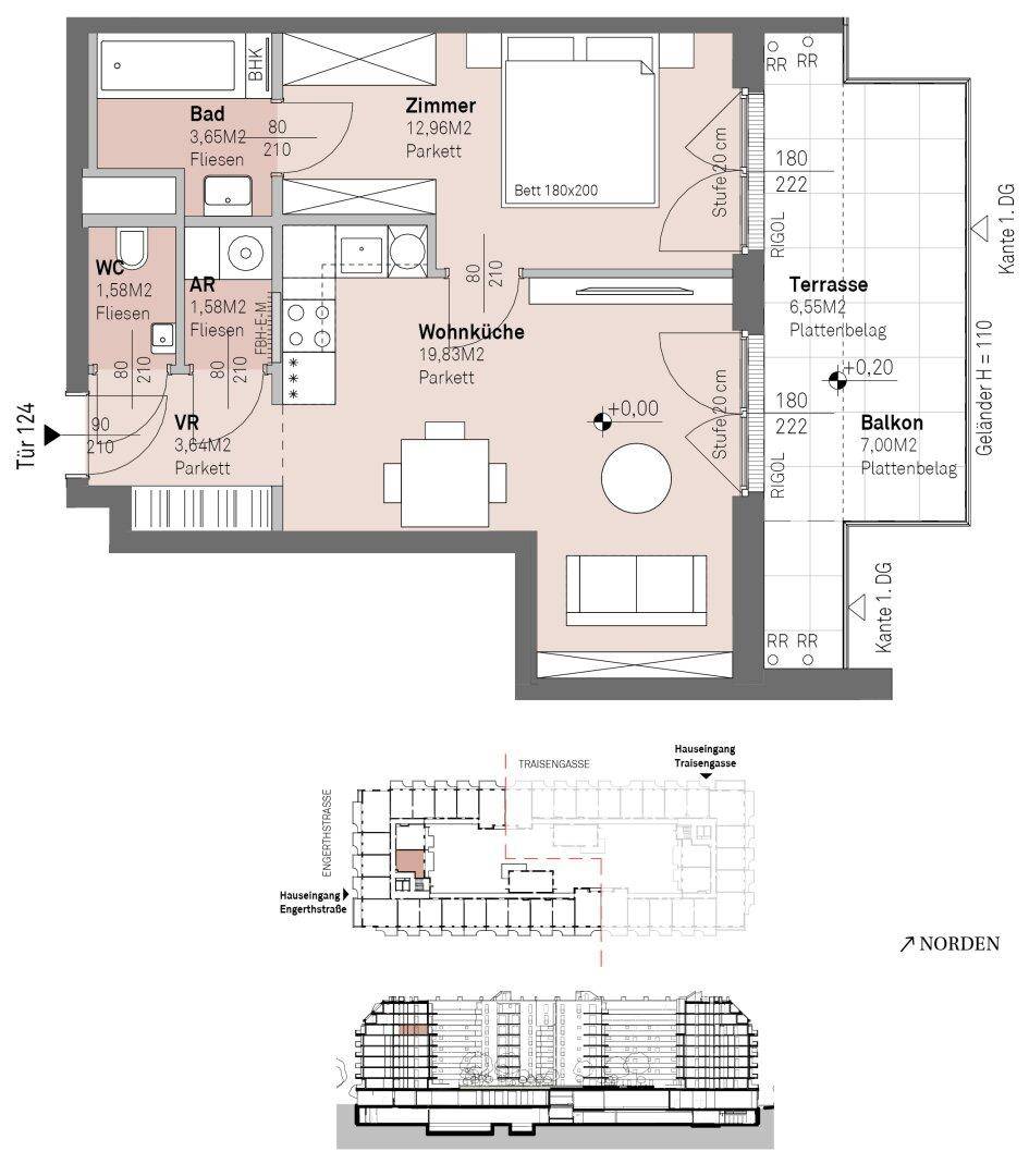 Detaillierter Grundriss einer modernen Wohnung mit offener Wohnküche, Schlafzimmer, Bad, separatem WC, Terrasse und Balkon.