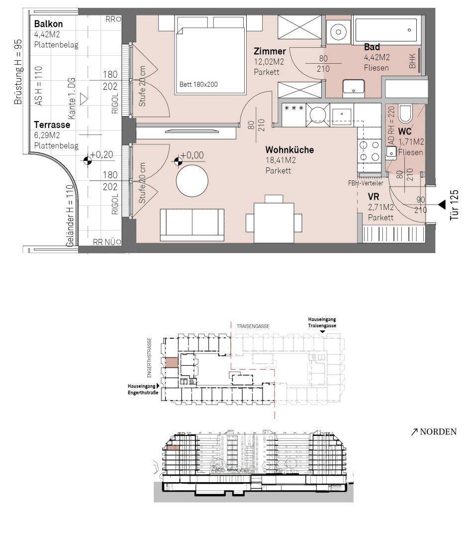 Grundriss einer Wohnung mit Balkon, Terrasse und offenem Wohnküchenbereich.
