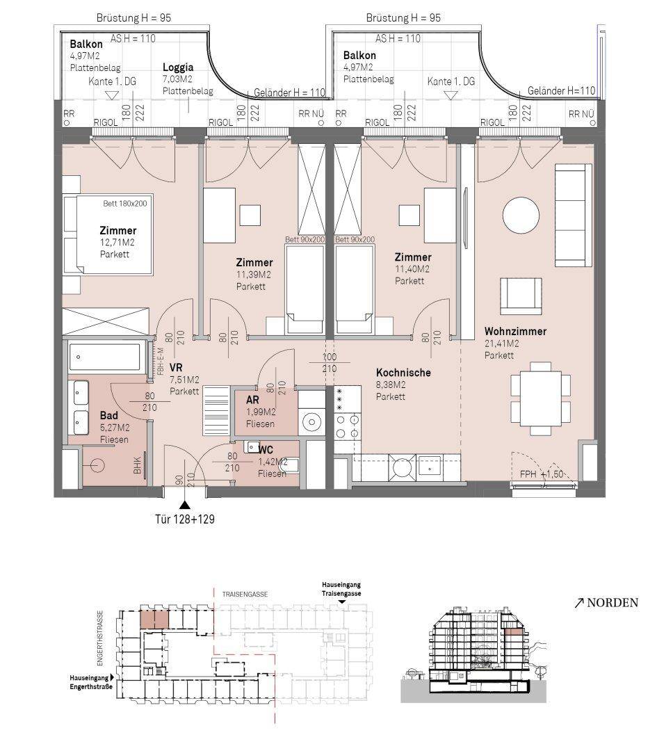 Grundriss einer Wohnung mit zwei Schlafzimmern, Balkonen und einer Loggia.