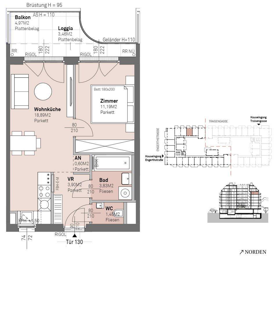 Grundriss einer Wohnung mit offener Wohnküche, Schlafzimmer, Bad, separatem WC, Balkon und Loggia.