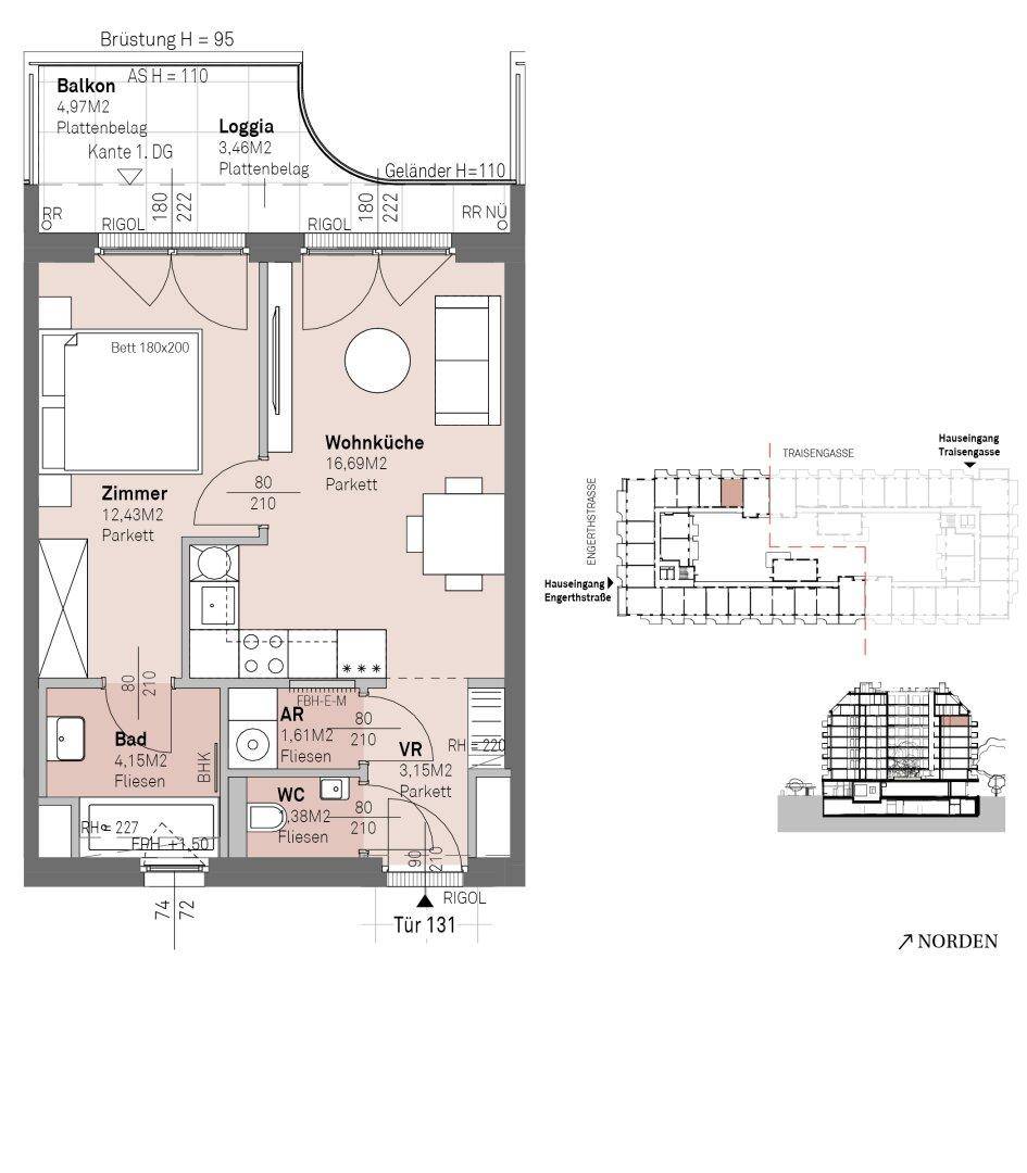 Grundriss einer Wohnung mit offener Wohnküche, einem Schlafzimmer, Bad, separatem WC, Abstellraum sowie Balkon und Loggia.