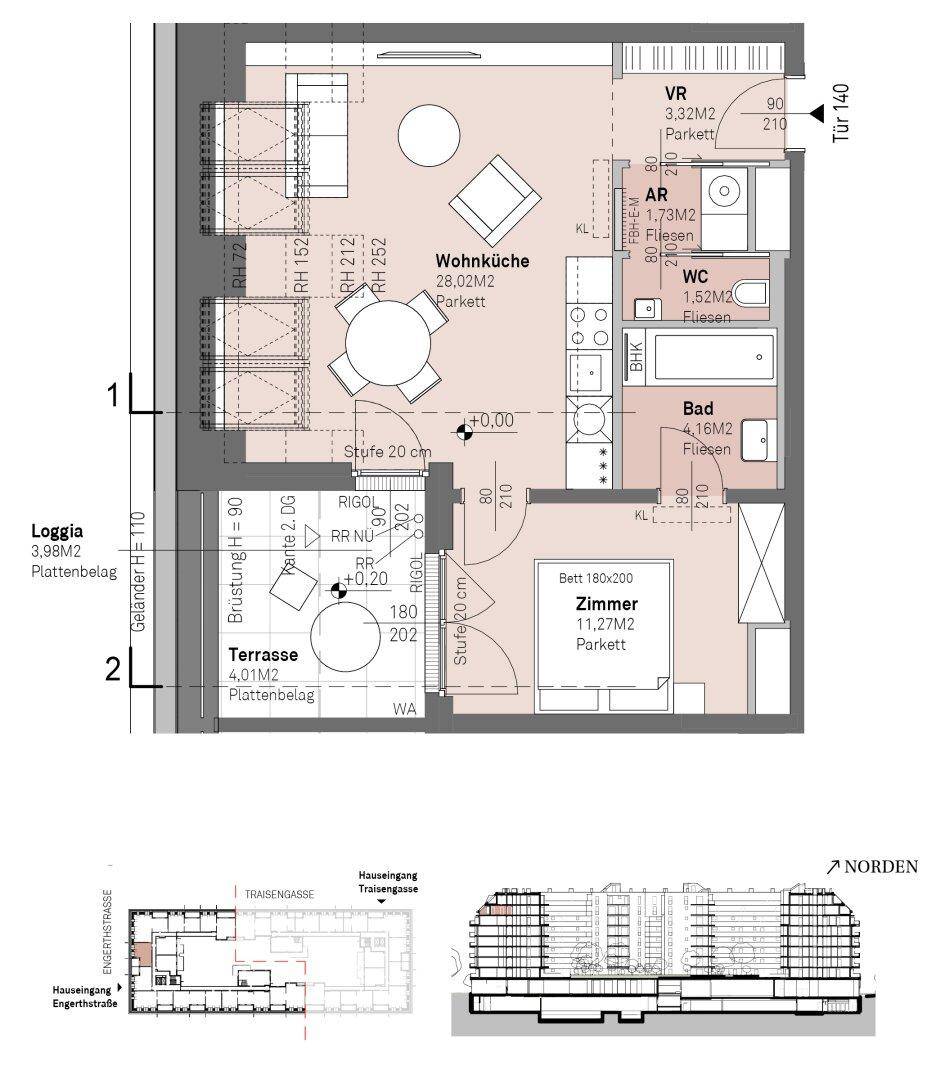 Detaillierter Grundriss einer Wohnung mit offener Wohnküche, einem Schlafzimmer, Bad, separatem WC, Loggia und Terrasse.