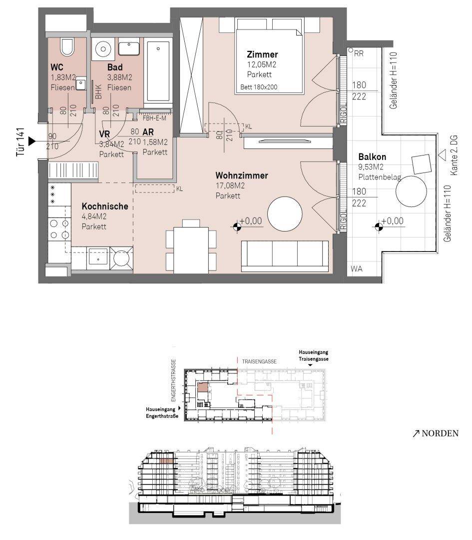 Grundriss einer Wohnung mit Wohnzimmer, Schlafzimmer, Kochnische, Bad, separatem WC und Balkon.
