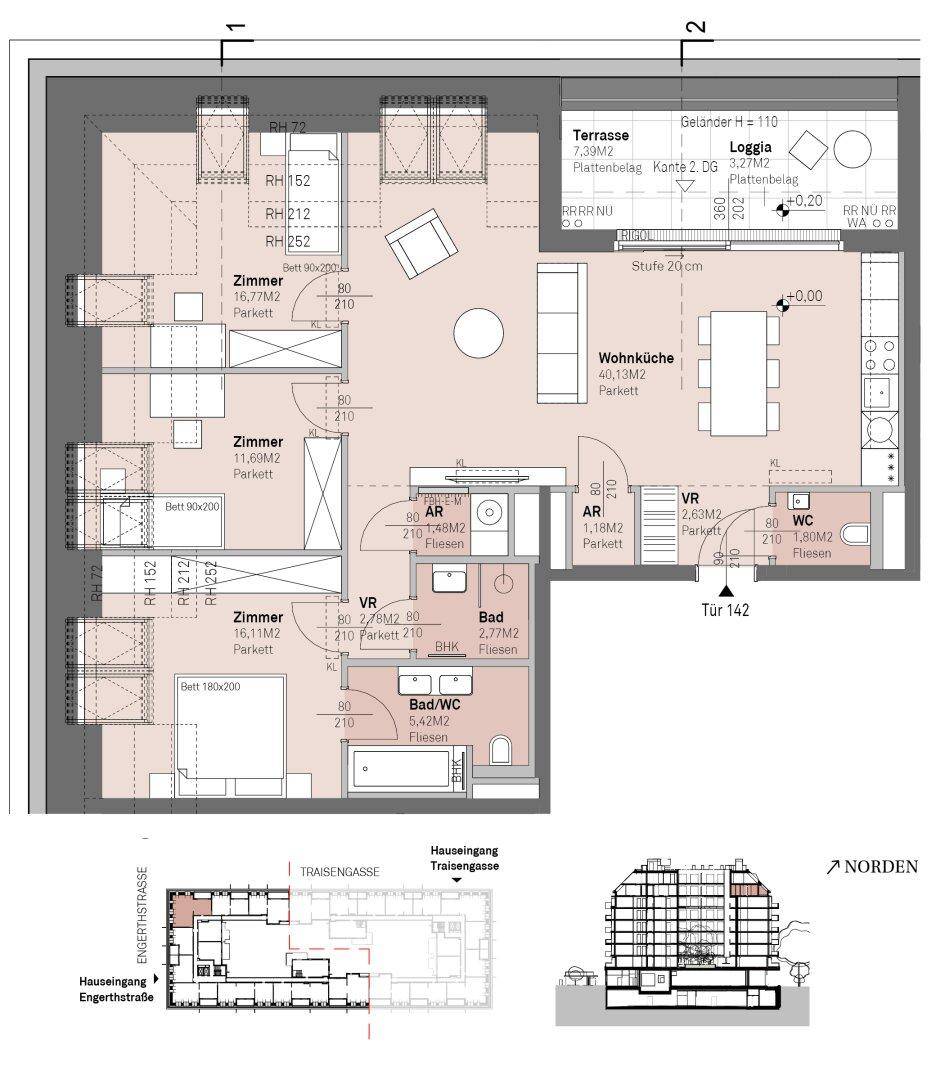Detaillierter Grundriss einer Wohnung mit drei Zimmern, Wohnküche, Terrasse und Loggia.