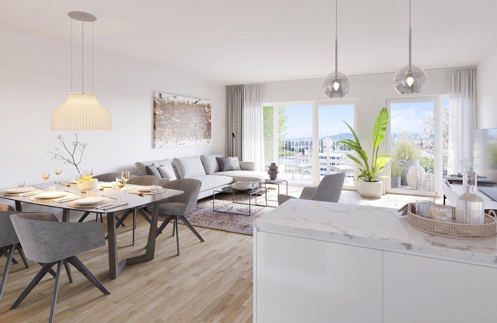 Heller Wohn- und Essbereich mit moderner Einrichtung, Holzboden und Zugang zum Balkon.