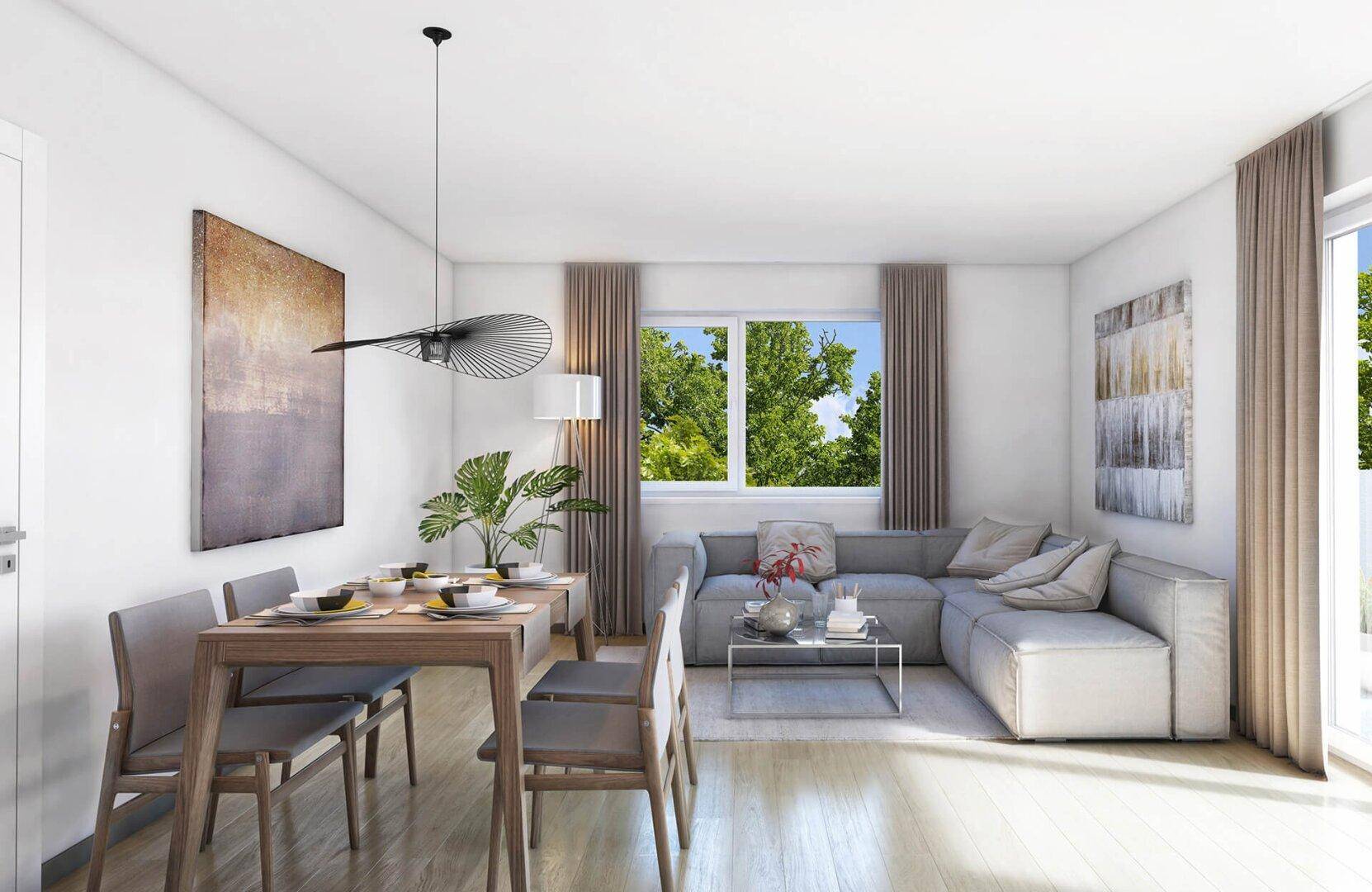 Heller, offener Wohn- und Essbereich mit modernem Design und Zugang zum Balkon.
