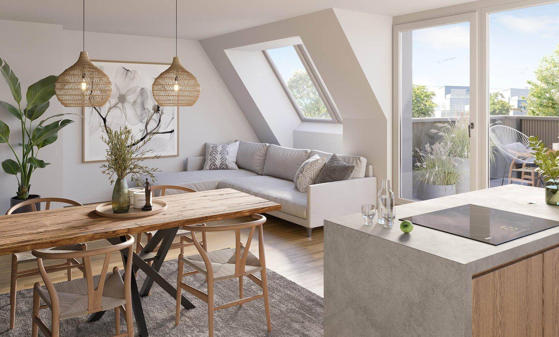 Heller, offener Wohn- und Essbereich mit moderner Einrichtung, Dachschräge und Zugang zum Balkon.