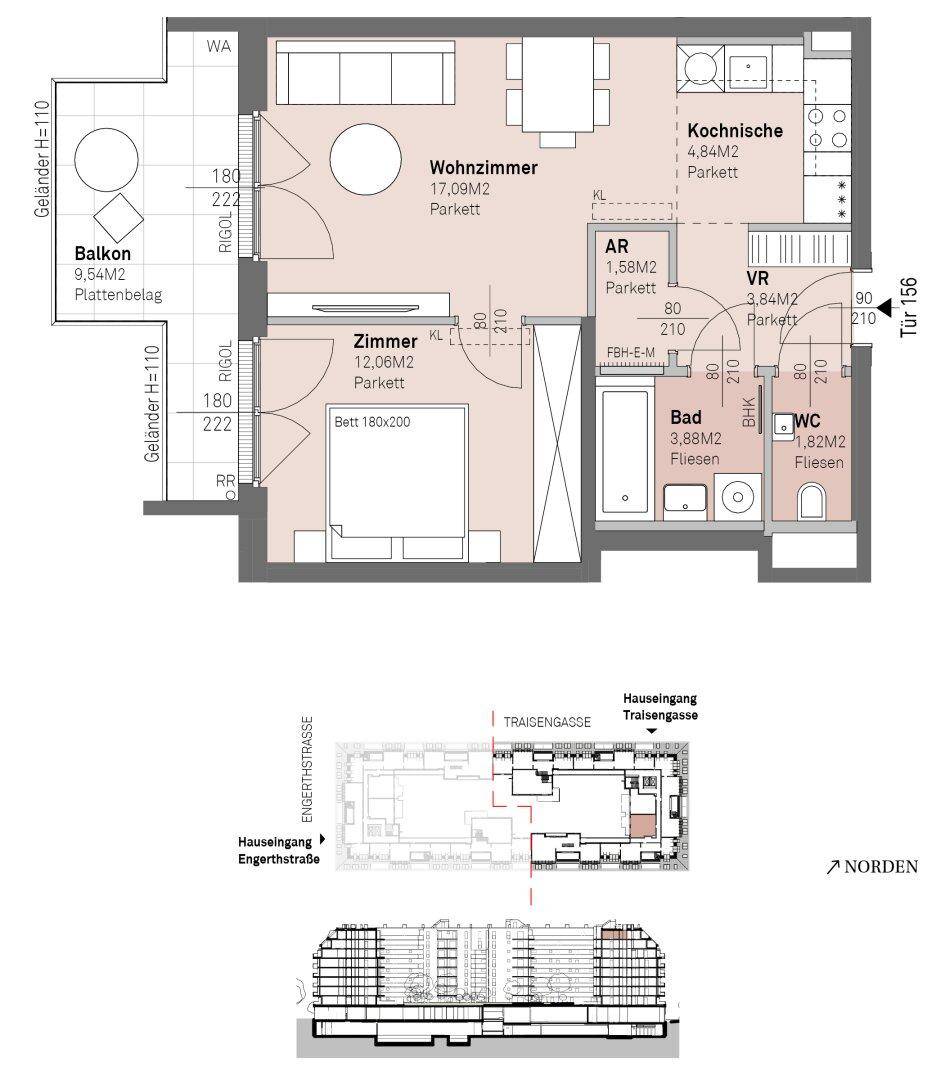 Grundriss einer Wohnung mit Wohnzimmer, Schlafzimmer, Balkon und separater Küche.