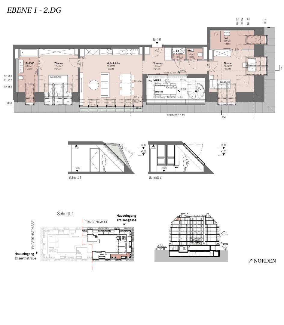 Grundriss der Ebenen 1 und 2 mit offenem Wohnbereich, Loggia und Terrasse.