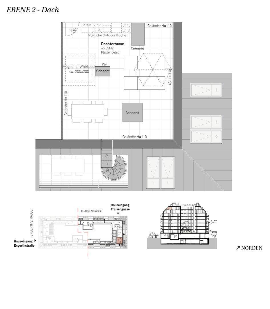 Grundriss der Dachebene mit großer Dachterrasse, Platz für Whirlpool und Außenküche.