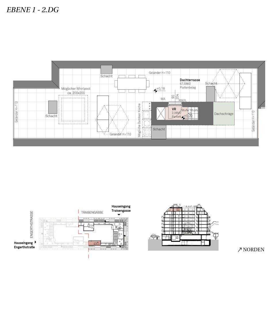 Grundriss der Dachterrasse mit Essbereich und Platz für einen Whirlpool, ergänzt durch Lageplan und Gebäudeschnitt.