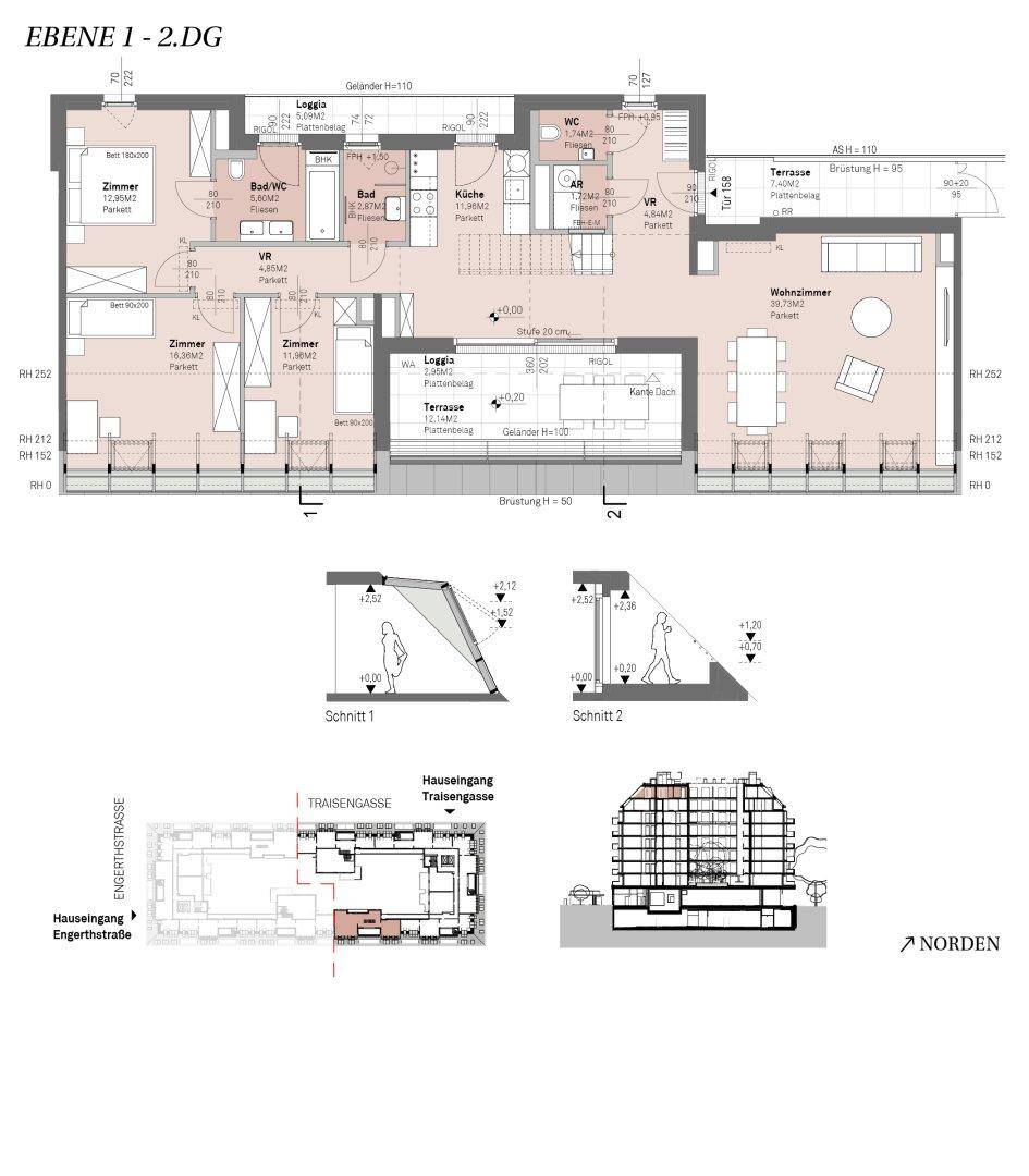 Detaillierter Grundriss einer Maisonette-Wohnung über zwei Ebenen mit Wohnzimmer, Küche, Schlafzimmern, Bädern, Loggien und Terrassen.