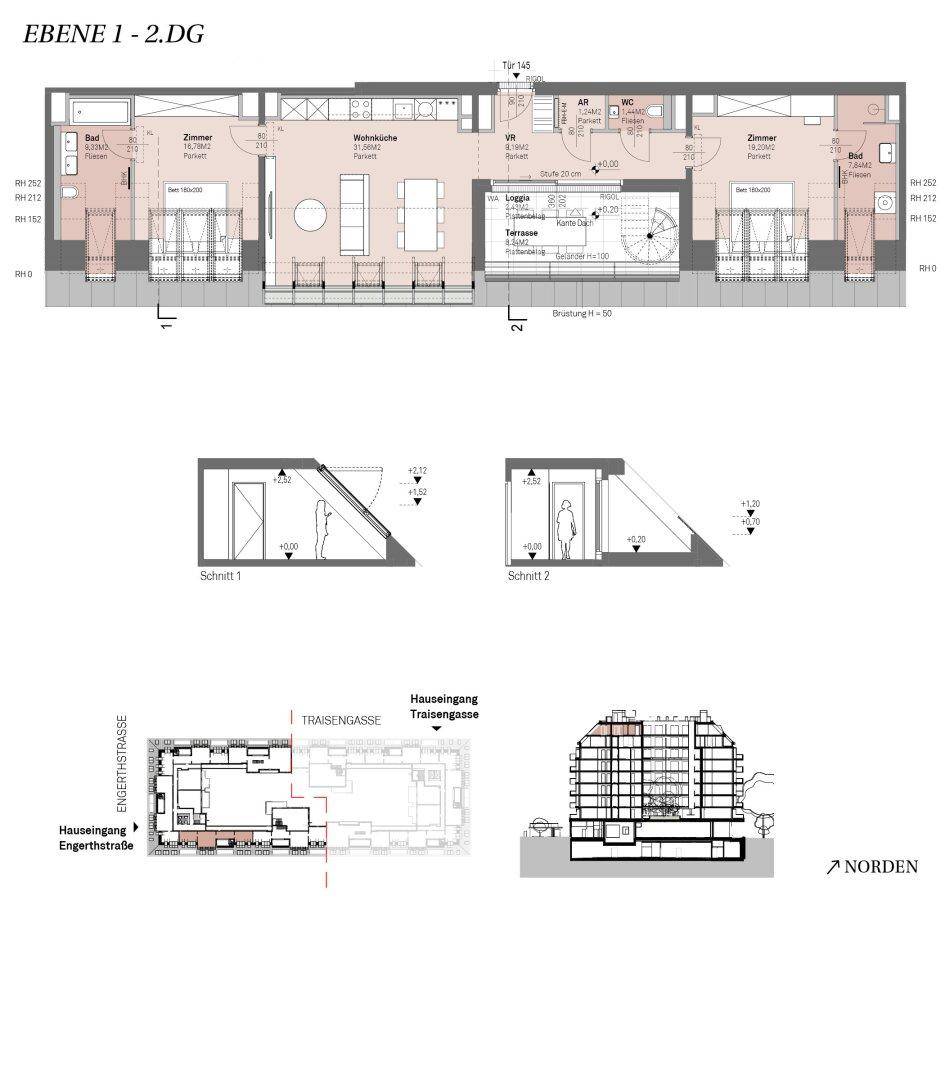 Grundriss für die Ebenen 1 und 2 mit mehreren Zimmern, Bädern, Loggia und Terrasse.