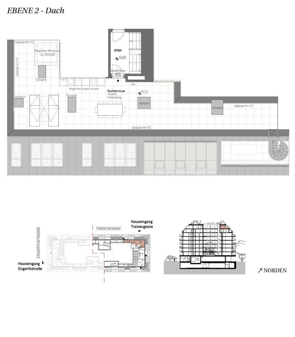 Grundriss der Dachebene mit großer Dachterrasse und der Option für einen Whirlpool.