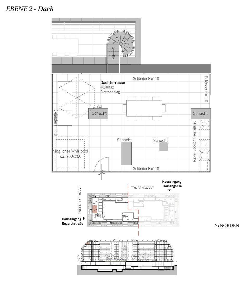 Grundriss der Dachterrasse mit Essbereich, Whirlpool-Option und Außenküchenvorbereitung.
