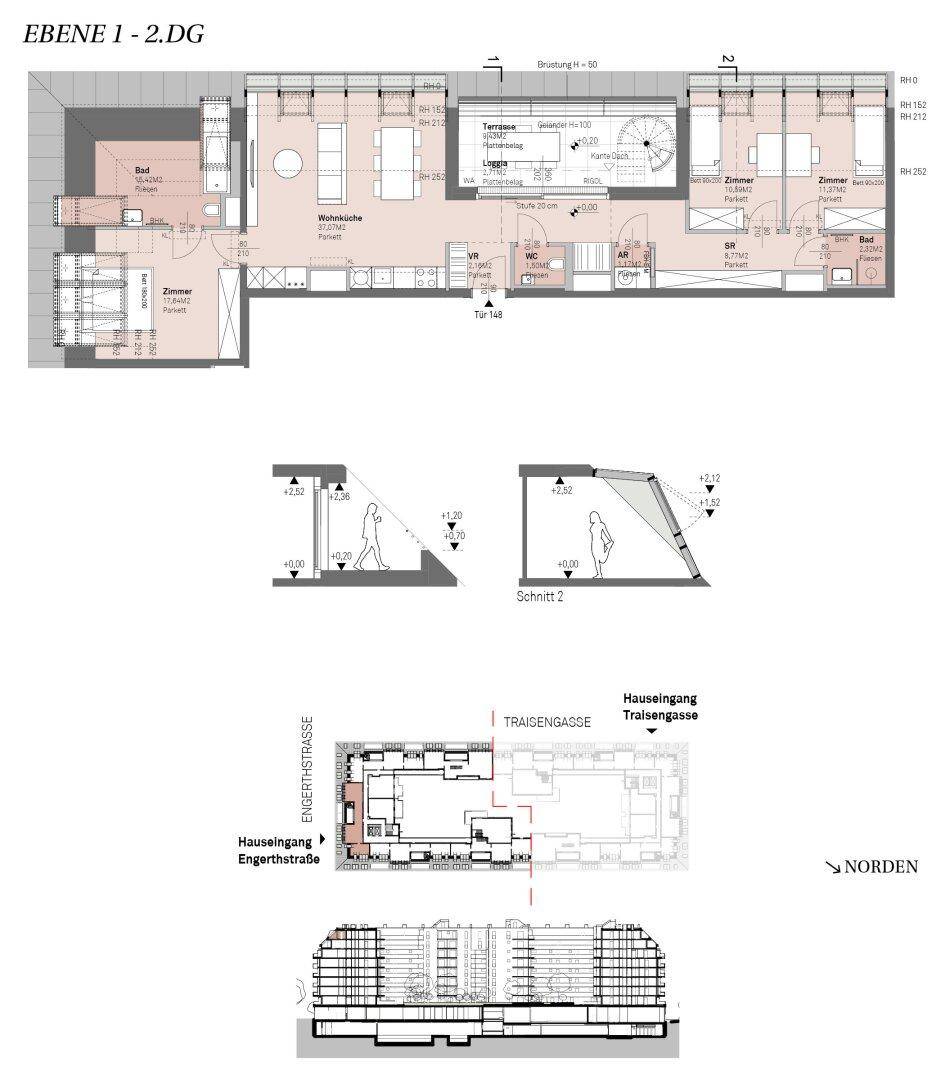 Grundriss der ersten und zweiten Dachgeschossebene mit Wohnbereich, Schlafzimmern und Terrasse.