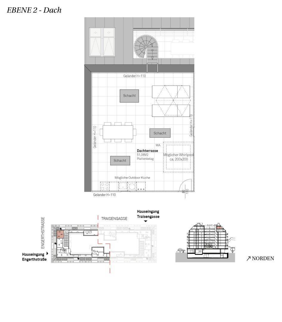 Grundriss der Dachterrasse mit Essbereich und optionalem Whirlpool und Außenküche.