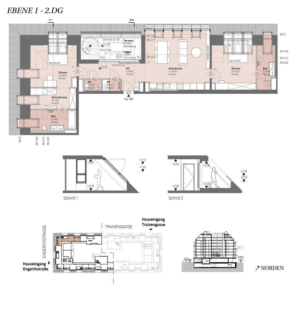 Grundriss der oberen Etagen mit Schlafzimmern, Bädern, Loggia und Terrasse.