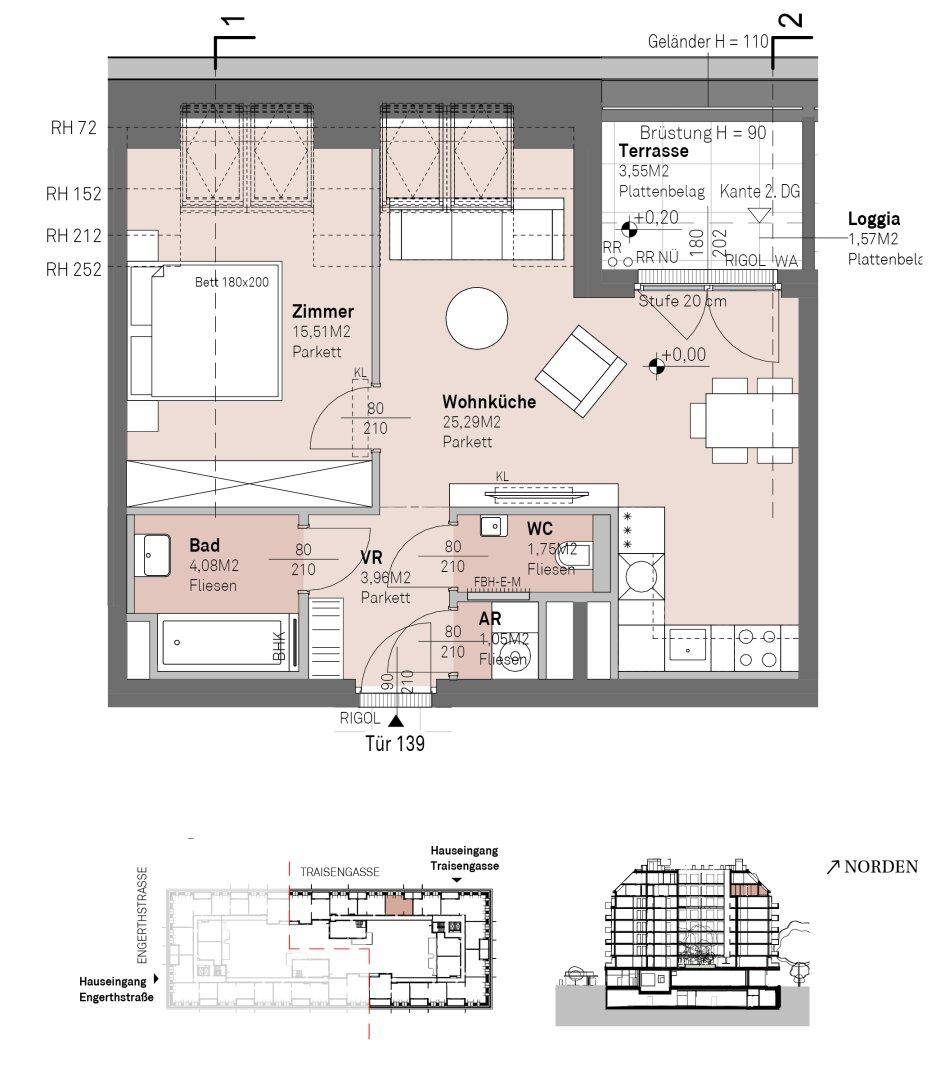 Detaillierter Grundriss einer Wohnung mit Wohnküche, Schlafzimmer, Bad, WC, Terrasse und Loggia.