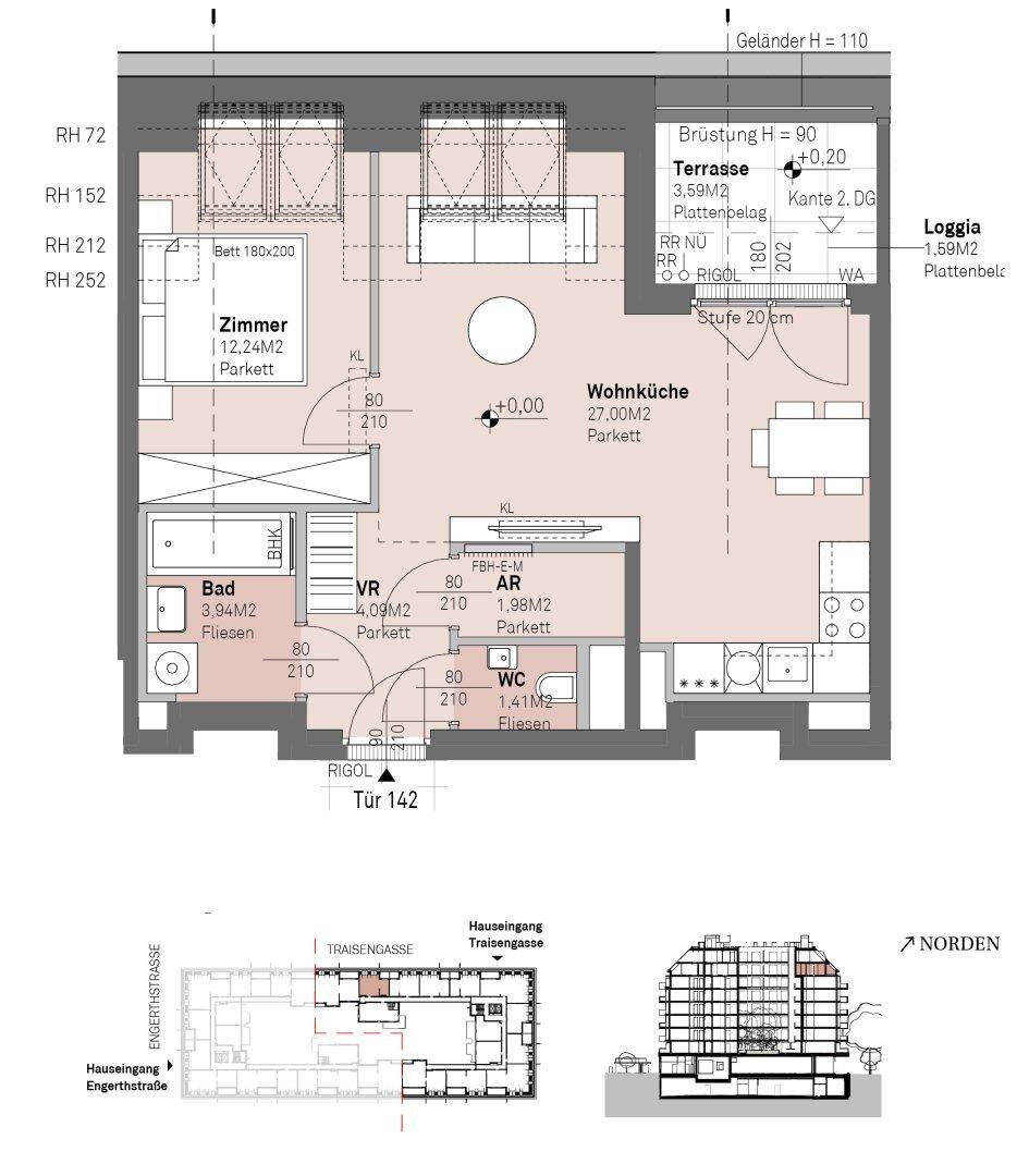 Detaillierter Grundriss einer Wohnung mit Wohnküche, Schlafzimmer und Terrasse.