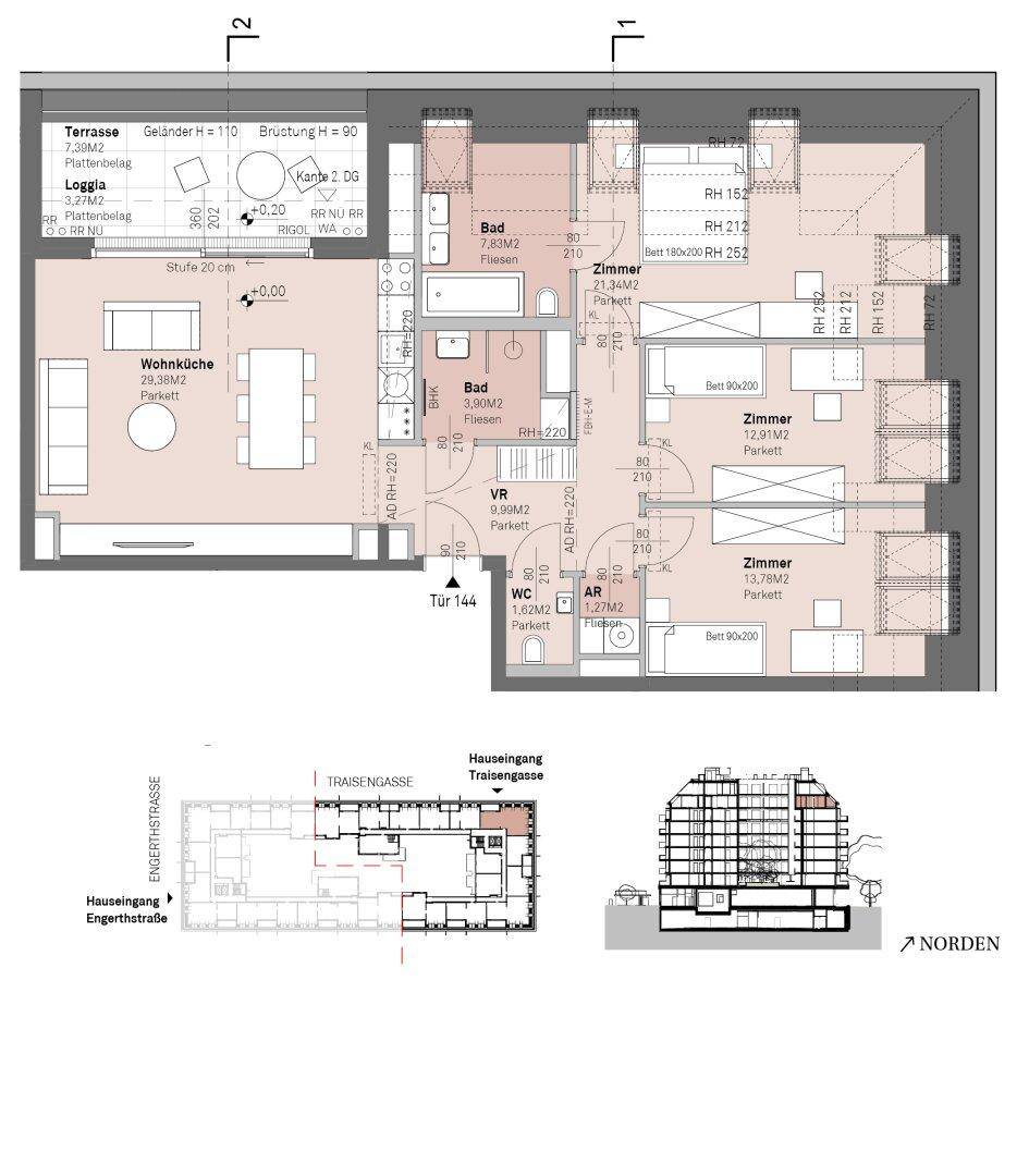Detaillierter Grundriss einer Wohnung mit Wohnküche, drei Zimmern und zwei Bädern.