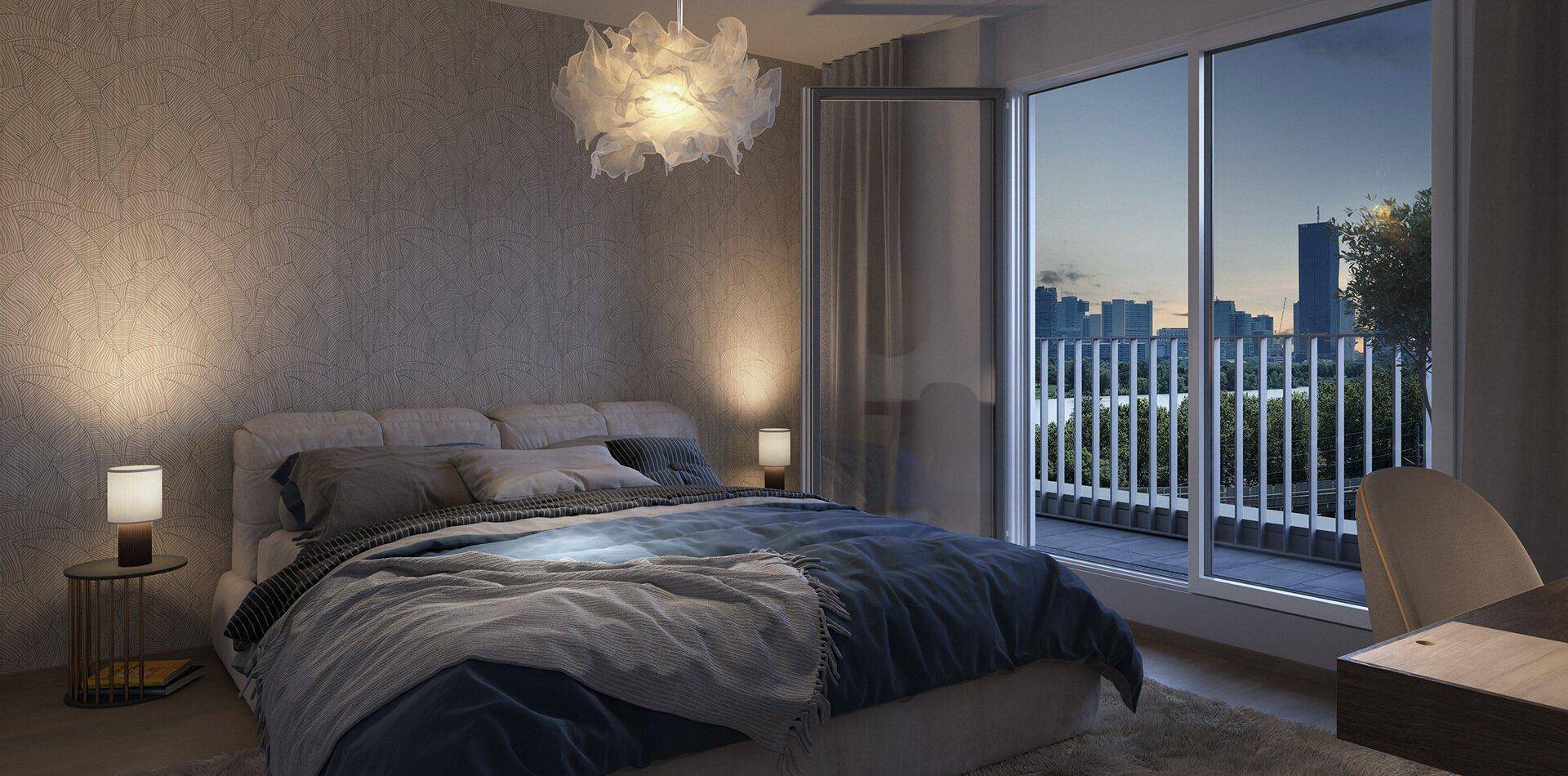 Modernes Schlafzimmer mit Balkonzugang, Stadtblick und stilvoller Beleuchtung, ideal für entspannte Abende.