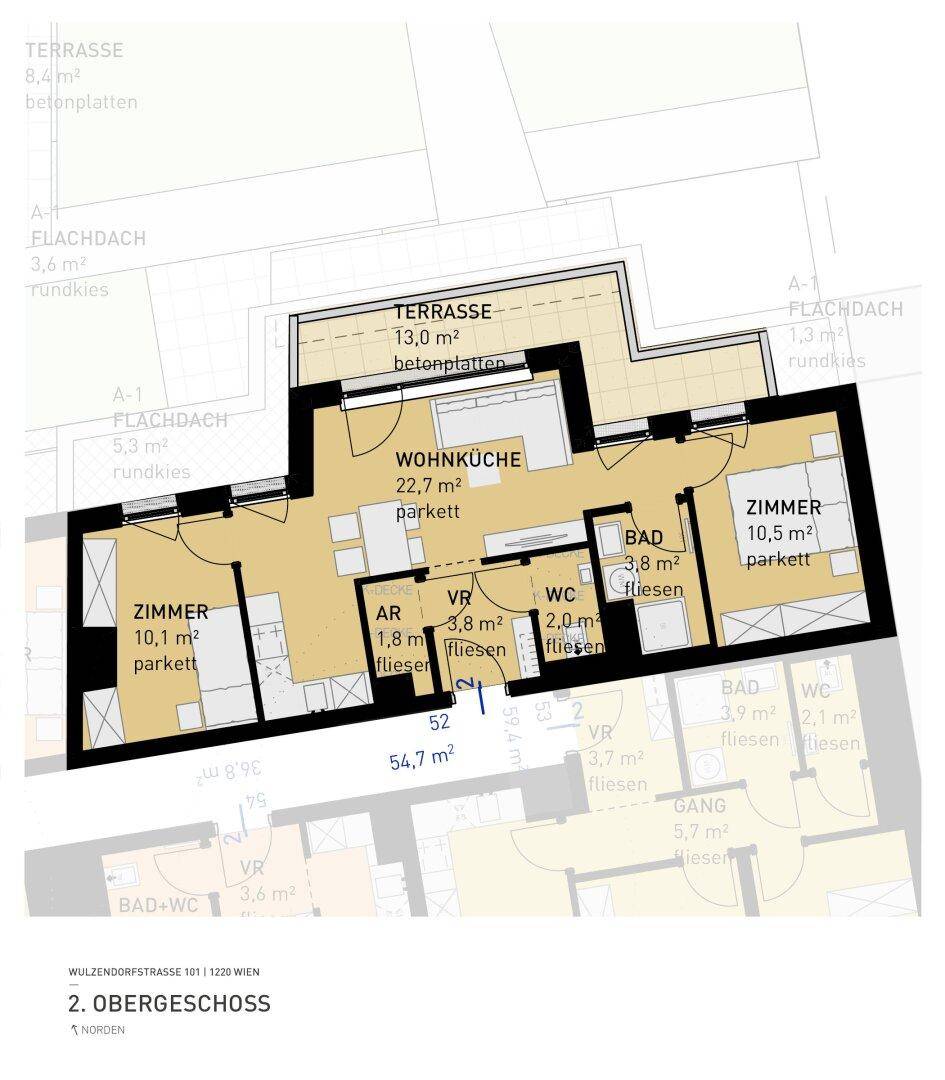 Grundriss einer Wohnung im zweiten Obergeschoss mit offener Wohnküche, zwei Zimmern und großer Terrasse.