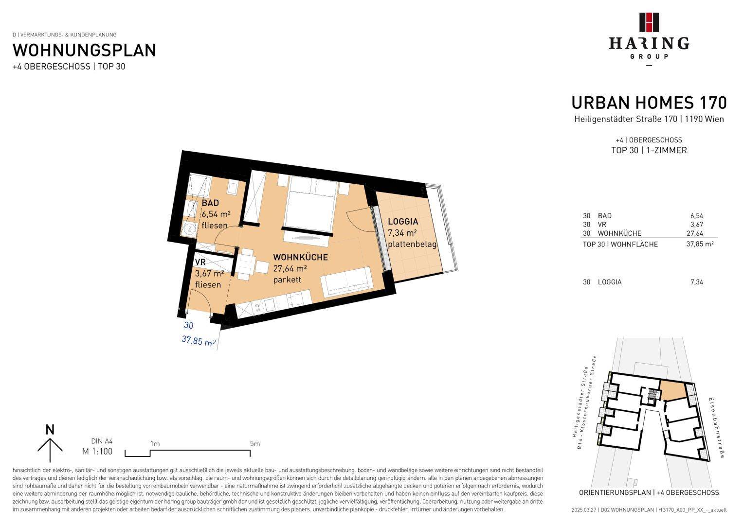 Grundriss einer Einzimmerwohnung mit offener Wohnküche, Bad und einer Loggia. Das Bad verfügt über eine Badewanne und Dusche.