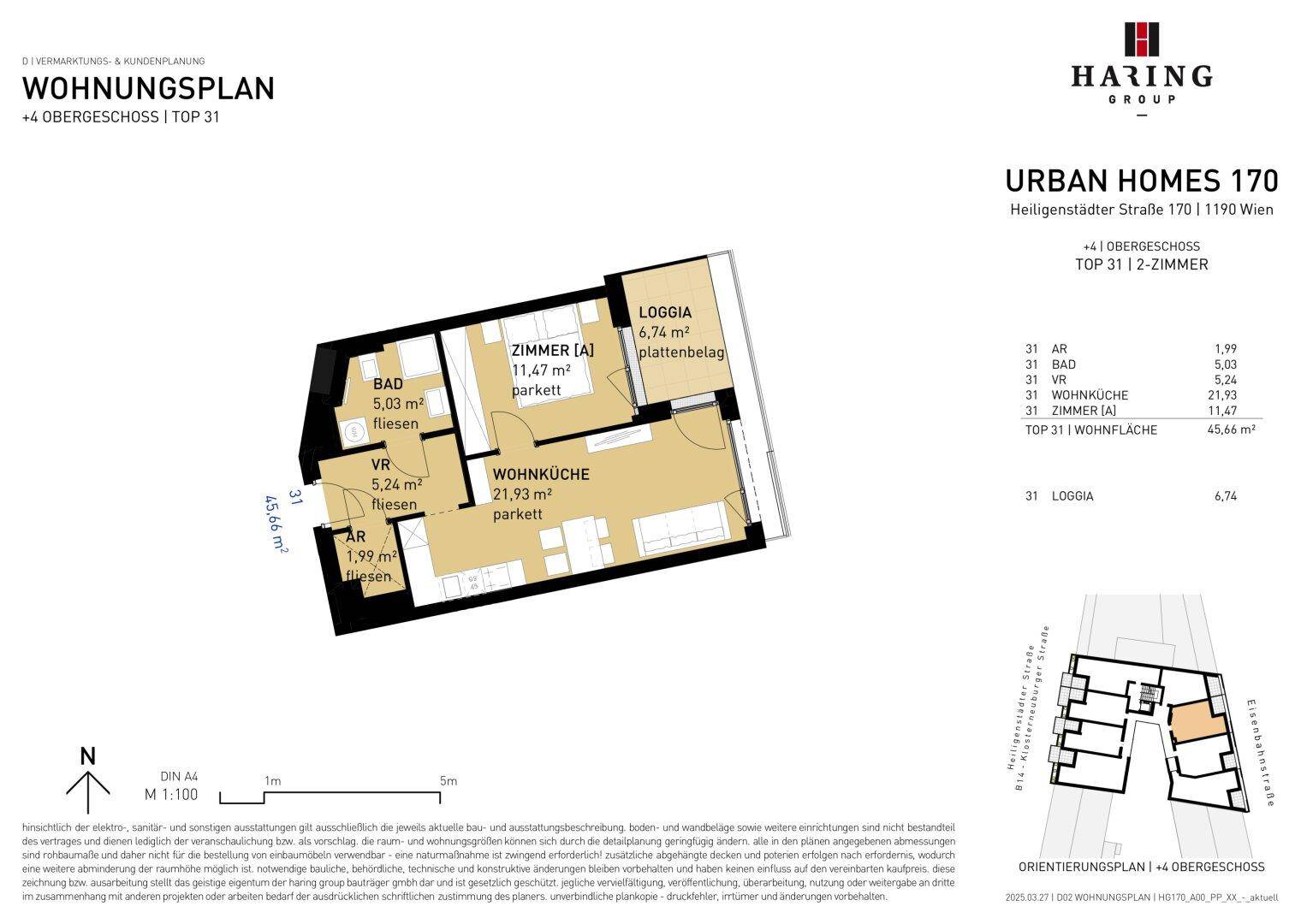 Grundriss einer 2-Zimmer-Wohnung im 4. Obergeschoss mit offener Wohnküche, Bad und Loggia.