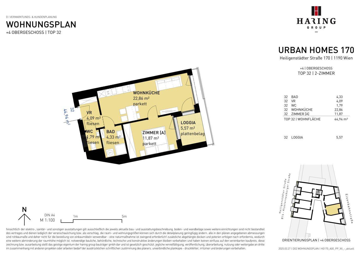 Grundriss einer 2-Zimmer-Wohnung mit offener Wohnküche, separatem Bad und WC sowie einer Loggia.