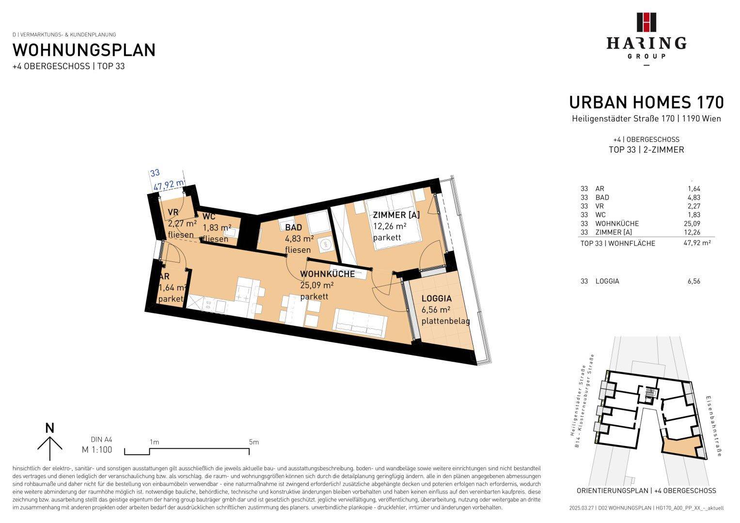 Grundrissplan einer 2-Zimmer-Wohnung im 4. Obergeschoss mit offener Wohnküche, separatem WC und Loggia.