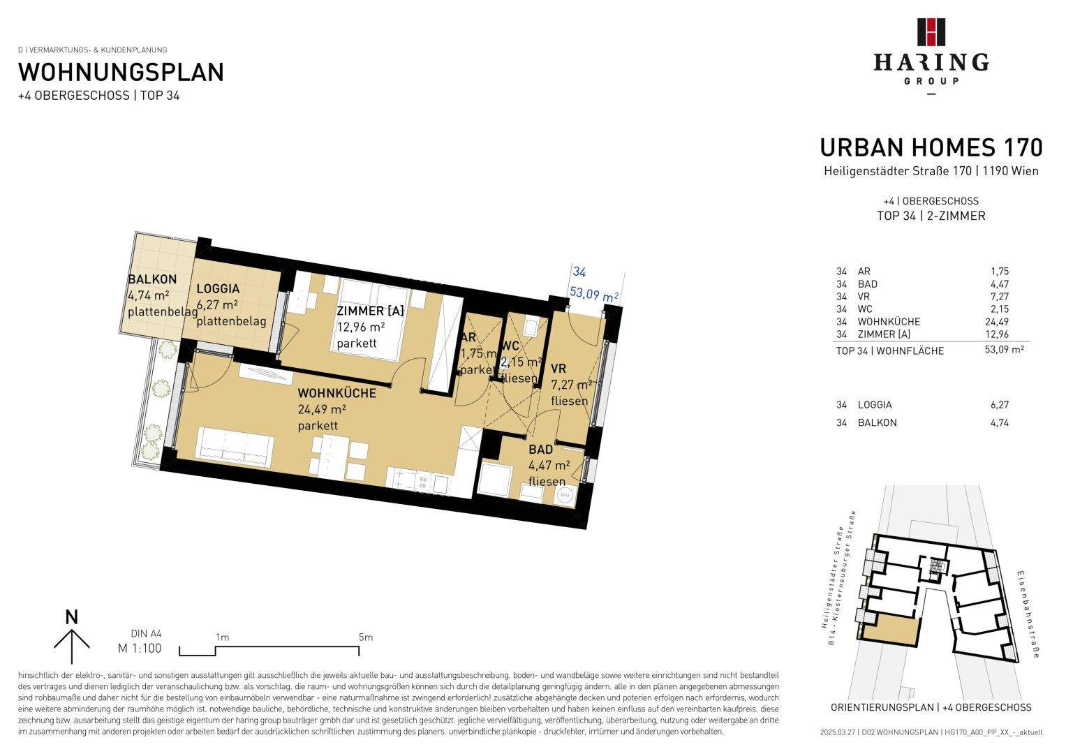 Grundrissplan einer Wohnung im 4. Obergeschoss mit offener Wohnküche, Balkon und Loggia.