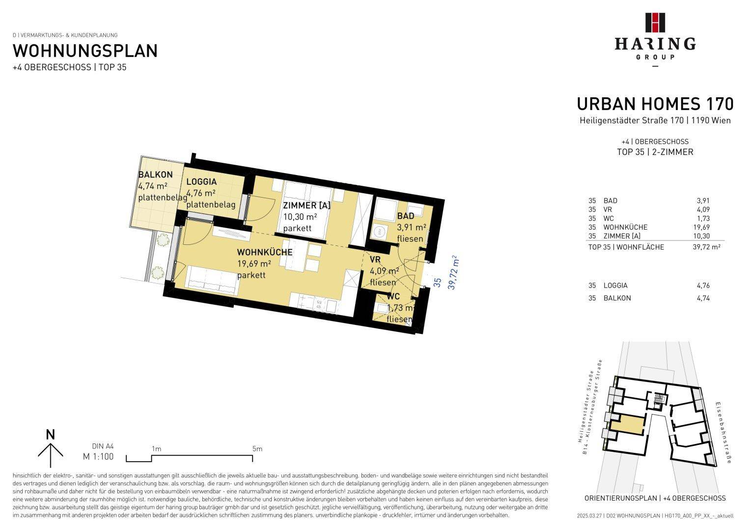 Detaillierter Wohnungsplan für ein Obergeschoss-Apartment mit Balkon, Loggia und offener Wohnküche.