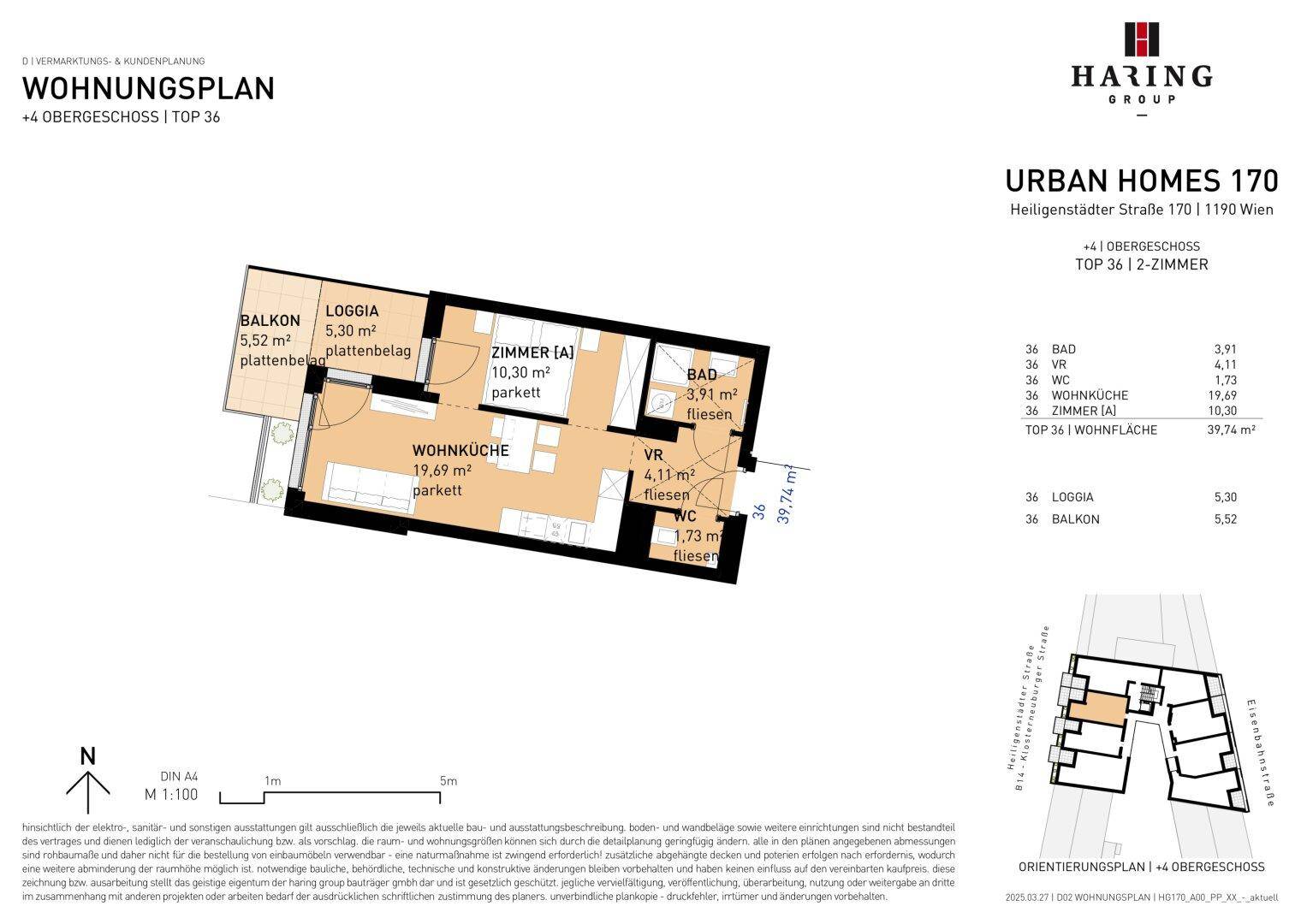 Grundrissplan einer 2-Zimmer-Wohnung im 4. Obergeschoss mit offener Wohnküche, Balkon und Loggia.