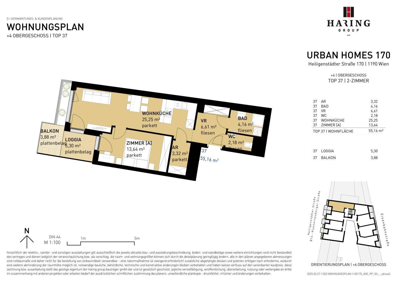 Grundriss einer modernen 2-Zimmer-Wohnung mit offener Wohnküche, Balkon und Loggia im 4. Obergeschoss.