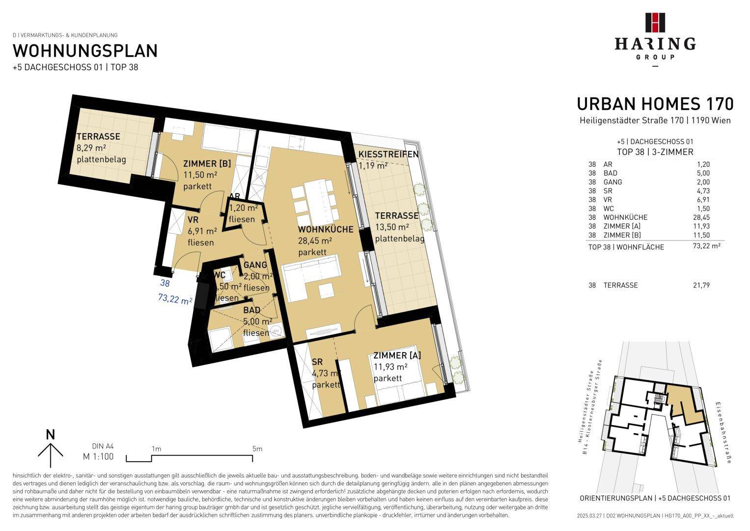 Grundriss einer 3-Zimmer-Wohnung im Dachgeschoss mit offener Wohnküche, zwei Terrassen und Abstellraum.