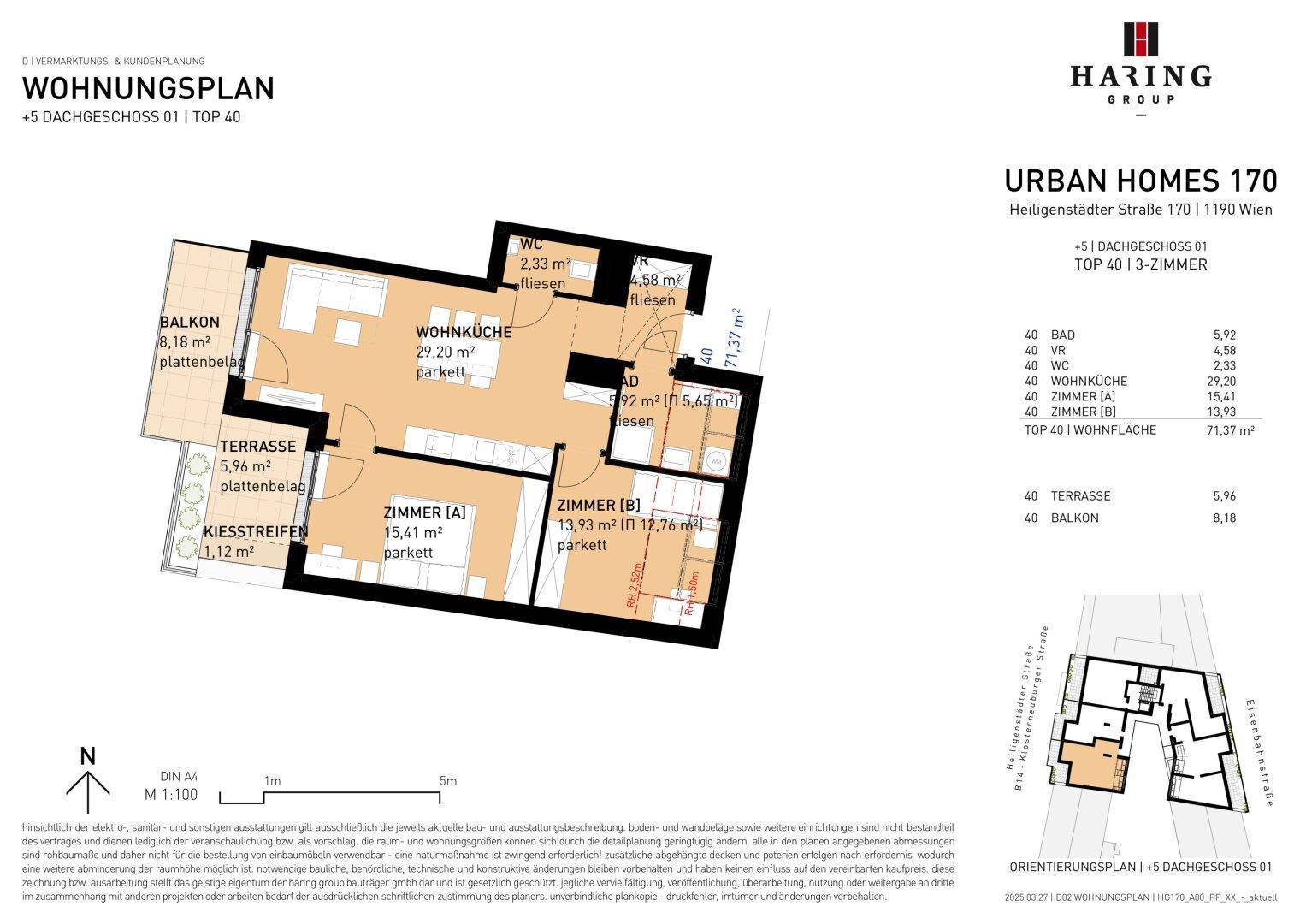 Grundrissplan einer Wohnung im Dachgeschoss mit offener Wohnküche, zwei Schlafzimmern, Bad, separatem WC, Balkon und Terrasse.