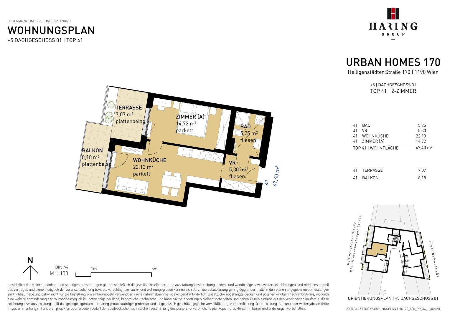 Detaillierter Grundriss einer 2-Zimmer-Dachgeschosswohnung mit offener Wohnküche, Parkettboden, einem Bad mit Dusche sowie Balkon und Terrasse.