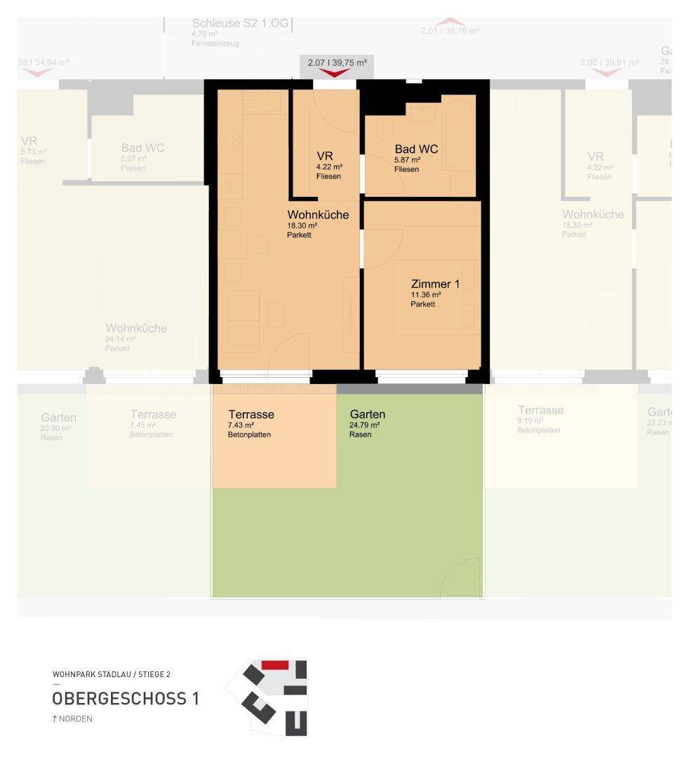Grundriss einer Wohnung mit Wohnküche, Zimmer, Bad und Terrasse mit Garten.