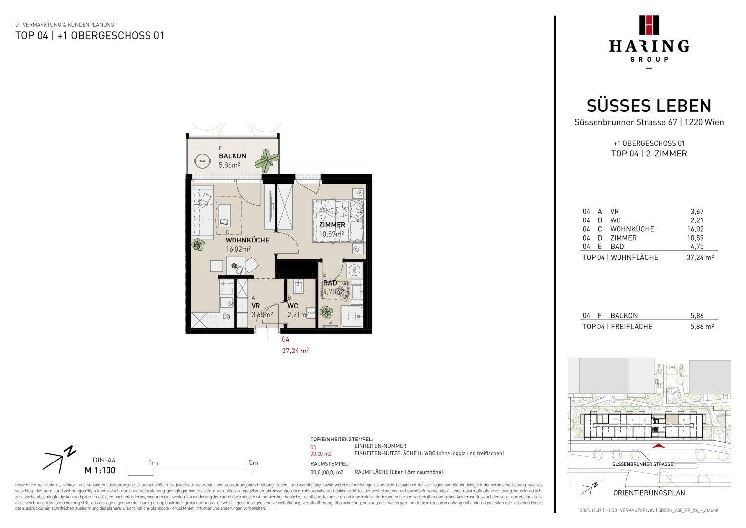 Detaillierter Grundriss einer 2-Zimmer-Wohnung mit Balkon, separatem WC und offener Wohnküche.